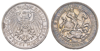 Пруссия 3 марки 1915 A, 100 лет присоединению Мансфельда, тираж 30.000 экземпляров KM 539, J. 115 серебро 00-821-38
