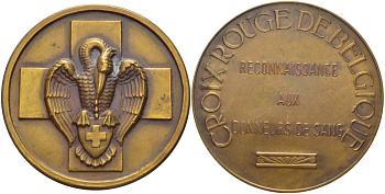 БЕЛЬГИЯ МЕДАЛЬ ND ОБЩЕСТВО КРАСНОГО КРЕСТА БЕЛЬГИИ В БЛАГОДАРНОСТЬ ДОНОРАМ, ПЕЛИКАН НА ФОНЕ КРЕСТА, ДИАМЕТР 50 ММ. бронза 1089-5-33