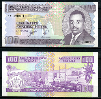 Бурунди 100 франков 2006 1 мая 2006 Pick 37е бумага UNC (пресс) 6317-39-4-2