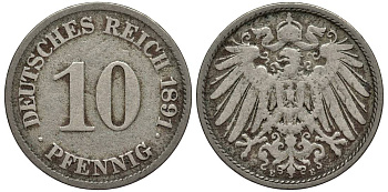 ГЕРМАНИЯ 10 ПФЕННИГОВ 1891 E KM 12, Jager 13, Weege 8 медно-никель 4513-711