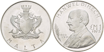 Мальта 1 лира 1972 Мануель Димех, философ KM 13 серебро UNC 1521-312