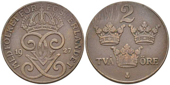 Швеция 2 эре 1927 Густав V (1907-1950) KM 778 бронза 119-1015