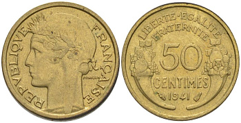 ФРАНЦИЯ 50 САНТИМОВ 1941 ТИП MORLON KM 894.1, LE FRANC 192.18 алюминиевая бронза 44-613