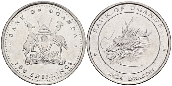 Уганда 100 шиллингов 2004 серия лунный календарь, год дракона KM 138 сталь UNC M57-21