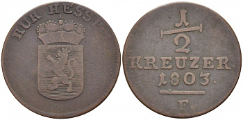 Гессен-Кассель 1/2 крейцера 1803 F, Вильгельм I (1803-1806) KM 558, Hoffmeister 2753 медь 175-1052