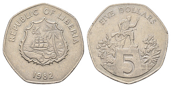 Либерия 5 долларов 1982 KM 44 медно-никель 4672-1023