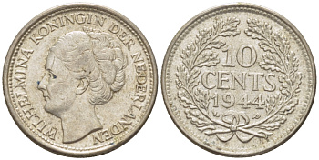 Нидерланды 10 центов 1944 Вильгельмина (1890-1948) KM 163 серебро aUNC 66-1258
