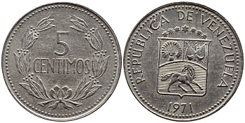 Венесуэла 5 сентимо 1971 KM 38.3 медно-никель 4392-931