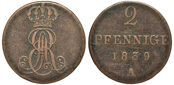 Ганновер 2 пфеннига 1839 A, Эрнст Август (1837-1851) KM 174.1, AKS 122, J. 55 медь 75-1711
