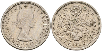 Великобритания 6 пенсов 1961 Елизавета II (1952-2022) KM 903, Spink 4149 медно-никель 4154-242