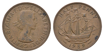 Великобритания 1/2 пенни 1959 Елизавета II (1952-2022) KM 896, Spink 4158 бронза 4662-1147
