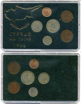 Кипр Британский набор из 6 монет 1955-1968 3, 5, 25, 50, 100 милей KM 33, 34, 36, 37, 40 бронза, медно-никель 7-5-5-29