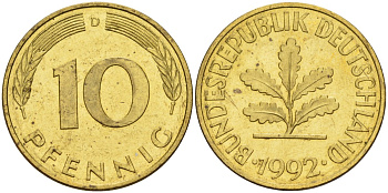 ФРГ 10 пфеннигов 1992 D KM 108, J. 383 сталь плакированная латунью 4175-1232