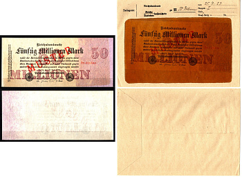 Германия 50000000 марок 1923 25 июля, MUSTER, образец, Specimen. В оригинальном банковском конверте. Из коллекции Отто Сейфферта (помощник Ялмара Шахта - министра экономики Германии и президента Рейхсбанка времен третьего рейха) Pick 98 s, Grabowski DEU 1