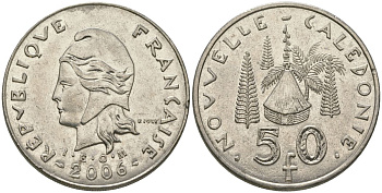 Французская Новая Каледония 50 франков 2006 хижина среди сосен и пальм, (IEOM) KM 13a, Schoen 15a, Lec 128i медно-никель 114-141