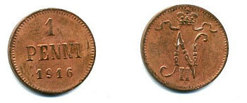 ФИНЛЯНДИЯ 1 ПЕННИ 1916 медь 46-421