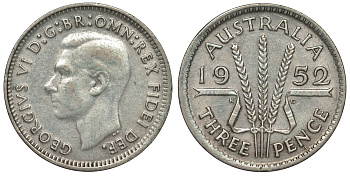 Австралия 3 пенса 1952 m, Георг VI (1937-1952), без букв KM 44 серебро 71-368