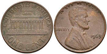 США 1 цент 1963 Линкольн KM 201 медь цинк 4564-418