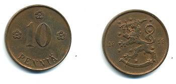 Финляндия 10 пенни 1919 KM 24 медь 37-833
