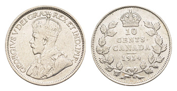 Канада 10 центов 1914 Георг V (1910-1936) KM 23 серебро 4636-115