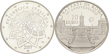 Италия 10 евро 2007 50 лет Римскому договору KM 295 серебро PROOF 06-281-21