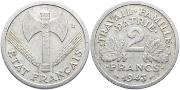 Франция 2 франка 1943 правительство Виши KM 904.1, LE FRANC 270.2 алюминий 109-1215