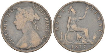 Великобритания 1/2 пенни 1877 Виктория (1837-1901) KM 754, Spink 3956 бронза 4543-1211