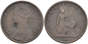 Великобритания 1 фартинг 1862 Виктория (1837-1901) KM 747.2, Spink 3958 бронза 4588-531