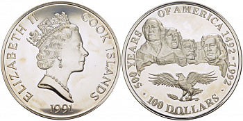 Острова Кука 100 долларов 1991 500 лет открытия Америки, мемориал президентов, 155 грамм KM 319 серебро PROOF 01-019-22-2
