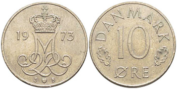 ДАНИЯ 10 ЭРЕ 1973 S; B, МАРГРЕТЕ II (1972-) KM 860.1 медно-никель 116-239