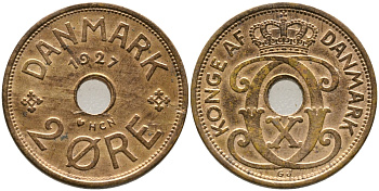 ДАНИЯ 2 ЭРЕ 1927 HCN; GJ, КРИСТИАН X (1912-1947) KM 827.1 бронза 28-1024