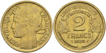 ФРАНЦИЯ 2 ФРАНКА 1939 ТИП MORLON KM 886, LE FRANC 268.12 алюминиевая бронза 3855-212