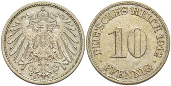 ГЕРМАНИЯ 10 ПФЕННИГОВ 1912 A KM 12, J. 13, Weege 8 медно-никель 212-215