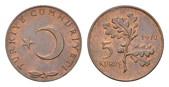 Турция 5 курушей 1970 KM 890.2 бронза UNC 4674-1011