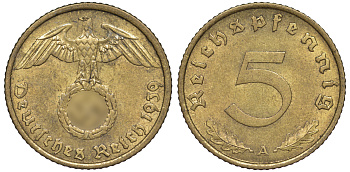 Германия 5 рейхспфеннигов 1939 A KM 91, J. 363 алюминиевая бронза 4602-1261