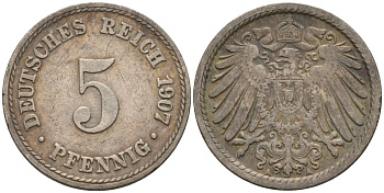 Германия 5 пфеннигов 1907 A KM 11, J. 12 медно-никель 4151-459