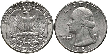 США 25 ЦЕНТОВ = КВОТЕР 1986 D, ВАШИНГТОН KM А164а медь плакированная медно-никелем 113-522