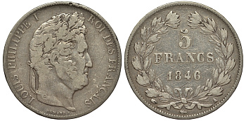 Франция 5 франков 1846 А, Луи Филипп I (1830-1848) LE FRANC 325.10 KM 749.1 серебро 1516-1631