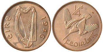 ИРЛАНДИЯ 1 ФАРТИНГ 1946 ВАЛЬДШНЕП KM 9 бронза UNC 4383-1122
