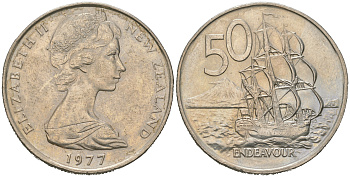 Новая Зеландия 50 центов 1987 Елизавета II (1952-2022), парусник Индевор KM 63 медно-никель 4542-435