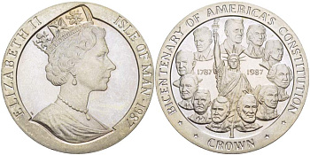 ОСТРОВ МЭН 1 КРОНА 1987 200 ЛЕТ КОНСТИТУЦИИ США, ПОРТРЕТЫ ПРЕЗИДЕНТОВ ВОКРУГ СТАТУИ СВОБОДЫ KM 176 медно-никель UNC 4527-332