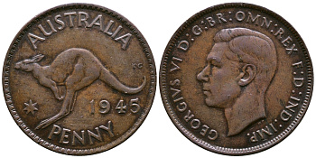 Австралия 1 пенни 1945 p, Георг VI (1937-1952), кенгуру KM 36 бронза 74-1014