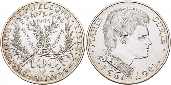 Франция 100 франков 1984 50 лет со дня смерти Марии Кюри KM 955 серебро UNC 4127-131