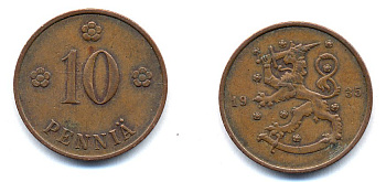Финляндия 10 пенни 1935 республика (1918-1962) KM 24 медь 51-5433
