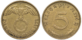 Германия 5 рейхспфеннигов 1939 B KM 91, J. 363 алюминиевая бронза 4602-1264