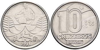 Бразилия 10 крузейро 1991 золотодобыча KM 619.2 нержавеющая сталь 87-143
