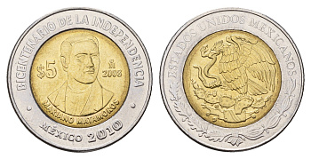 Мексика 5 песо 2008 Двухсотлетие независимости - Мариано Матаморос KM 902 биметалл UNC 216-1212