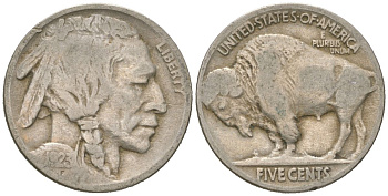 США 5 центов 1923 индеец, бизон KM 134 медно-никель 4614-1049