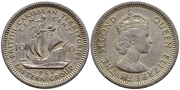 Британские Восточно-Карибские территории 10 центов 1955 Елизавета II (1952-2022), парусник KM 5 медно-никель 4387-217