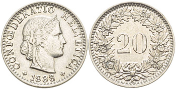 ШВЕЙЦАРИЯ 20 РАППЕНОВ 1938 В KM 29 никель 4511-853
